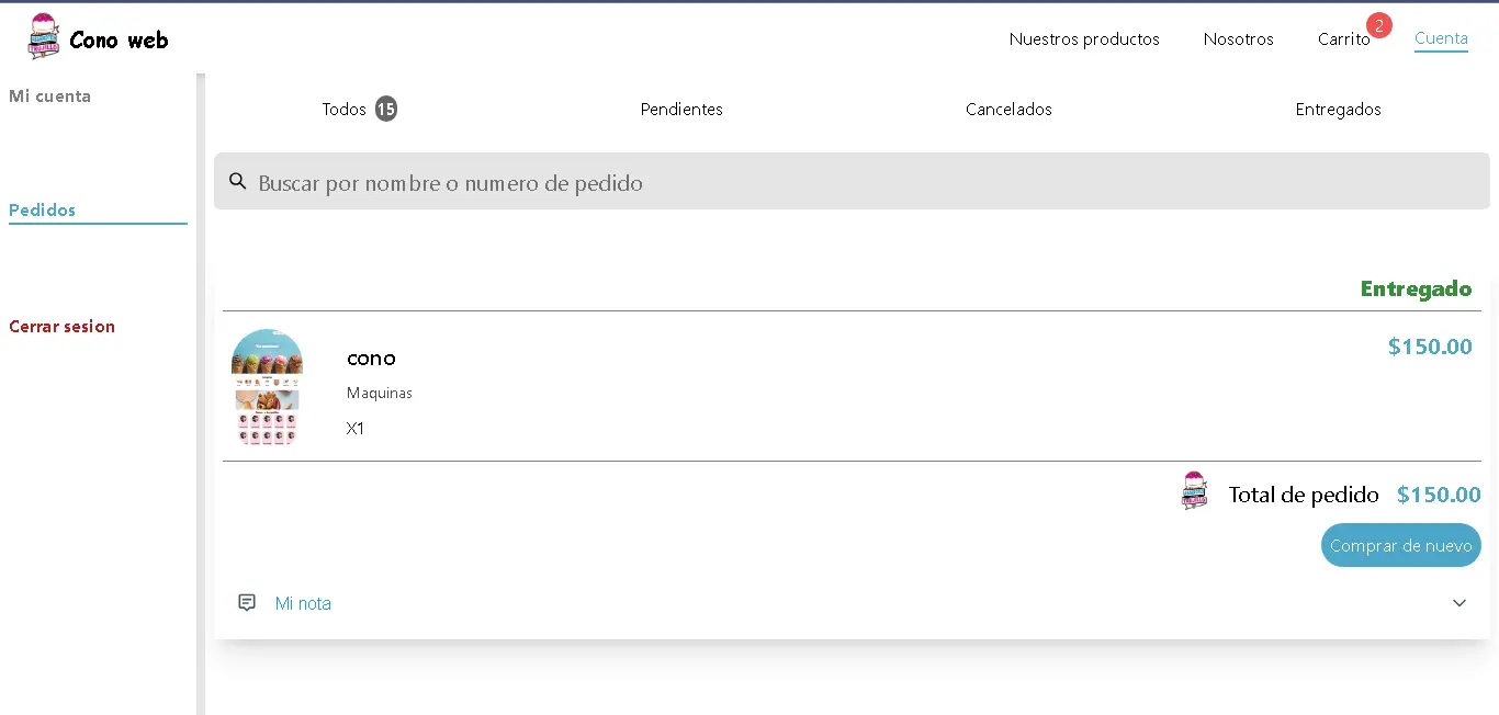 Historial de pedidos de Cono Web